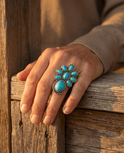 Western Faux Turquoise Cluster Adjustable Cuff Ring — Statement Size