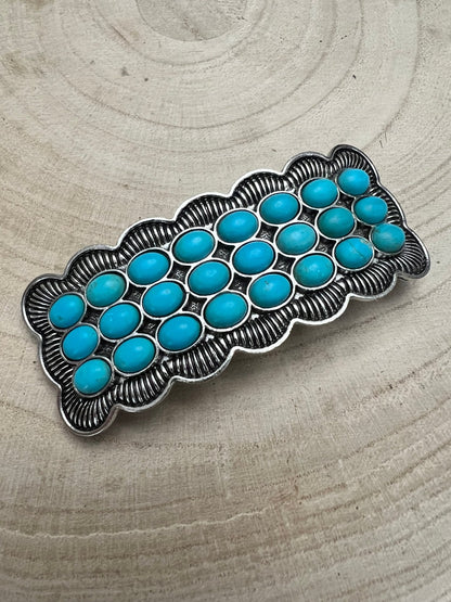 Western Faux Turquoise Cluster Metal Hair Barrette — 3" Old West Hair Statement