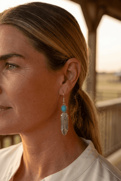 Western Feather Earrings with Faux Turquoise — 2" Drop