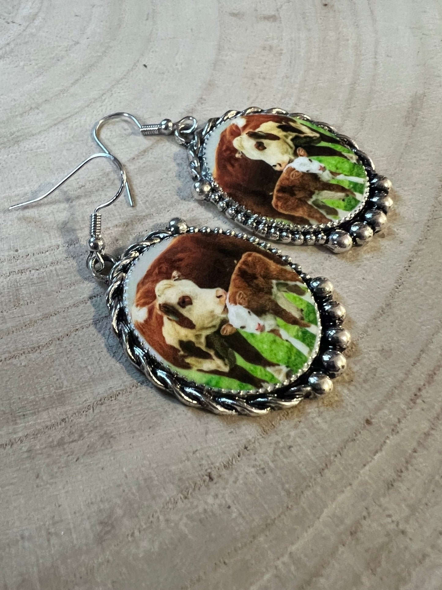 Western Framed Cow Calf Fashion Earrings — Ranch Life Statement (1½" x 1")