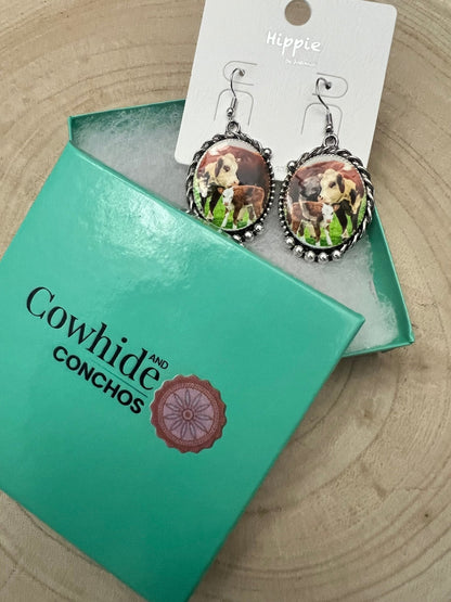 Western Framed Cow Calf Fashion Earrings — Ranch Life Statement (1½" x 1")