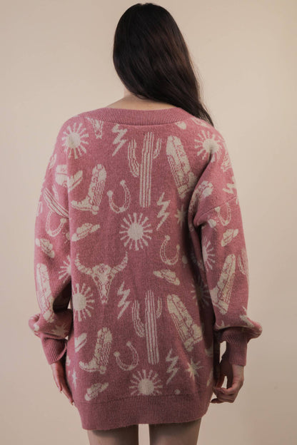 Western Graphic Knit Sweater Cardigan - Mauve