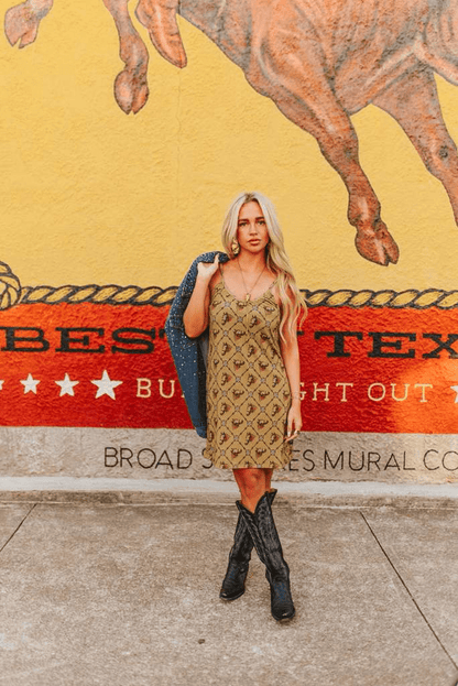 "Wild West" Horse Print Western Tank Dress — Tan Spaghetti Strap with Allover Horse & Barbed Wire Print