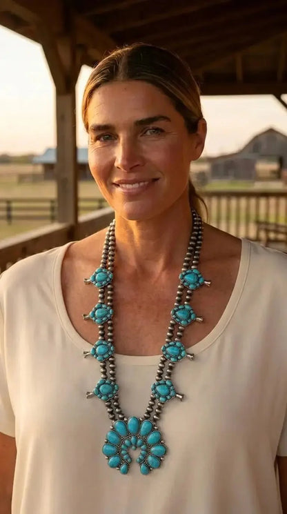 Western Huge Double-Strand Faux Turquoise Squash Blossom Statement Necklace — 32 Inch