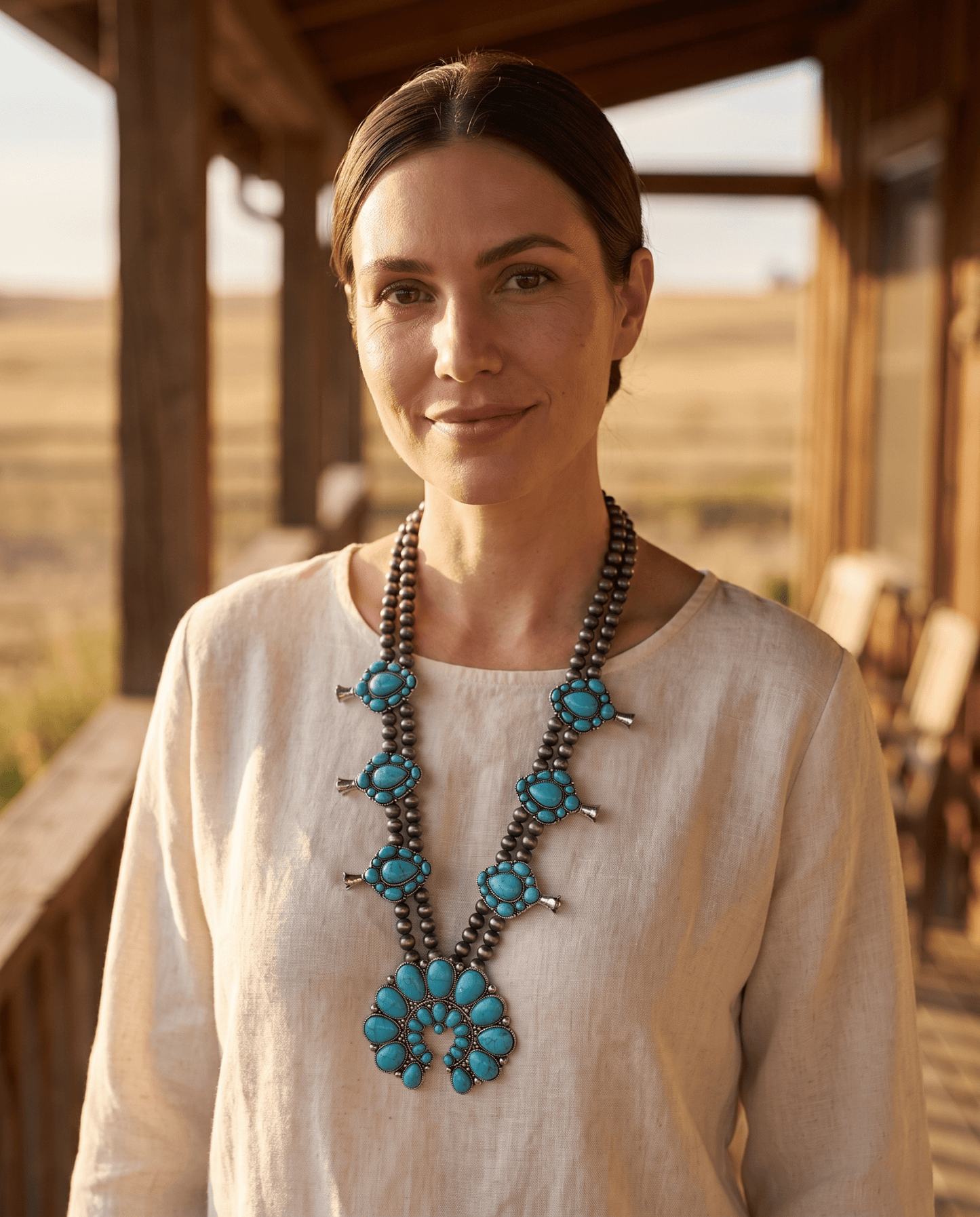 Western Huge Double-Strand Faux Turquoise Squash Blossom Statement Necklace — 32 Inch
