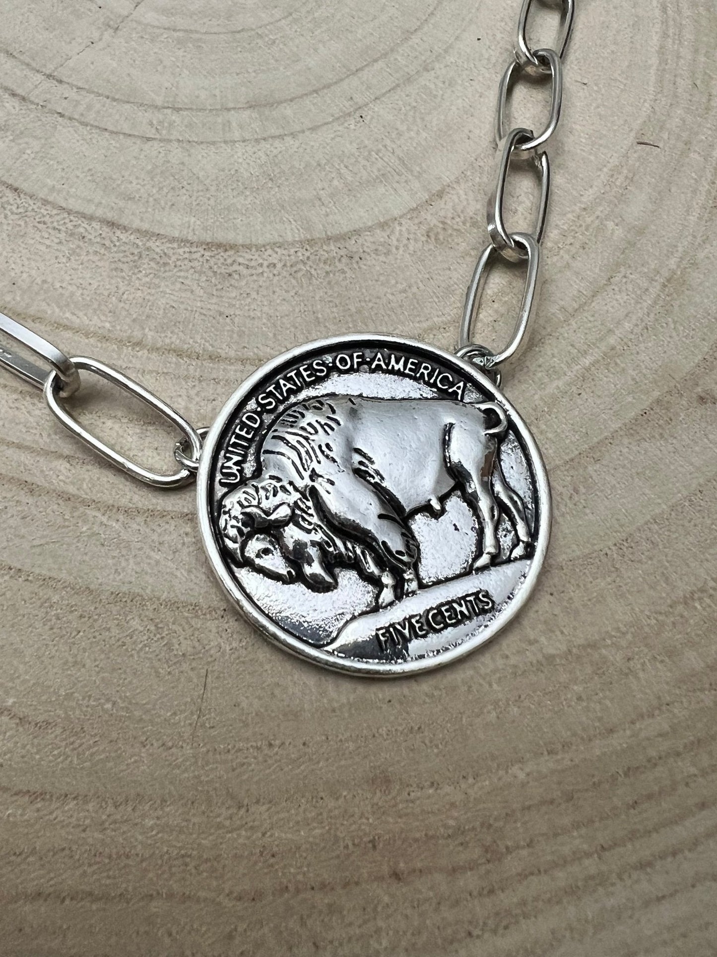Silver Western Buffalo Coin Statement Choker & Earring Set — Oversized Coin Pendant