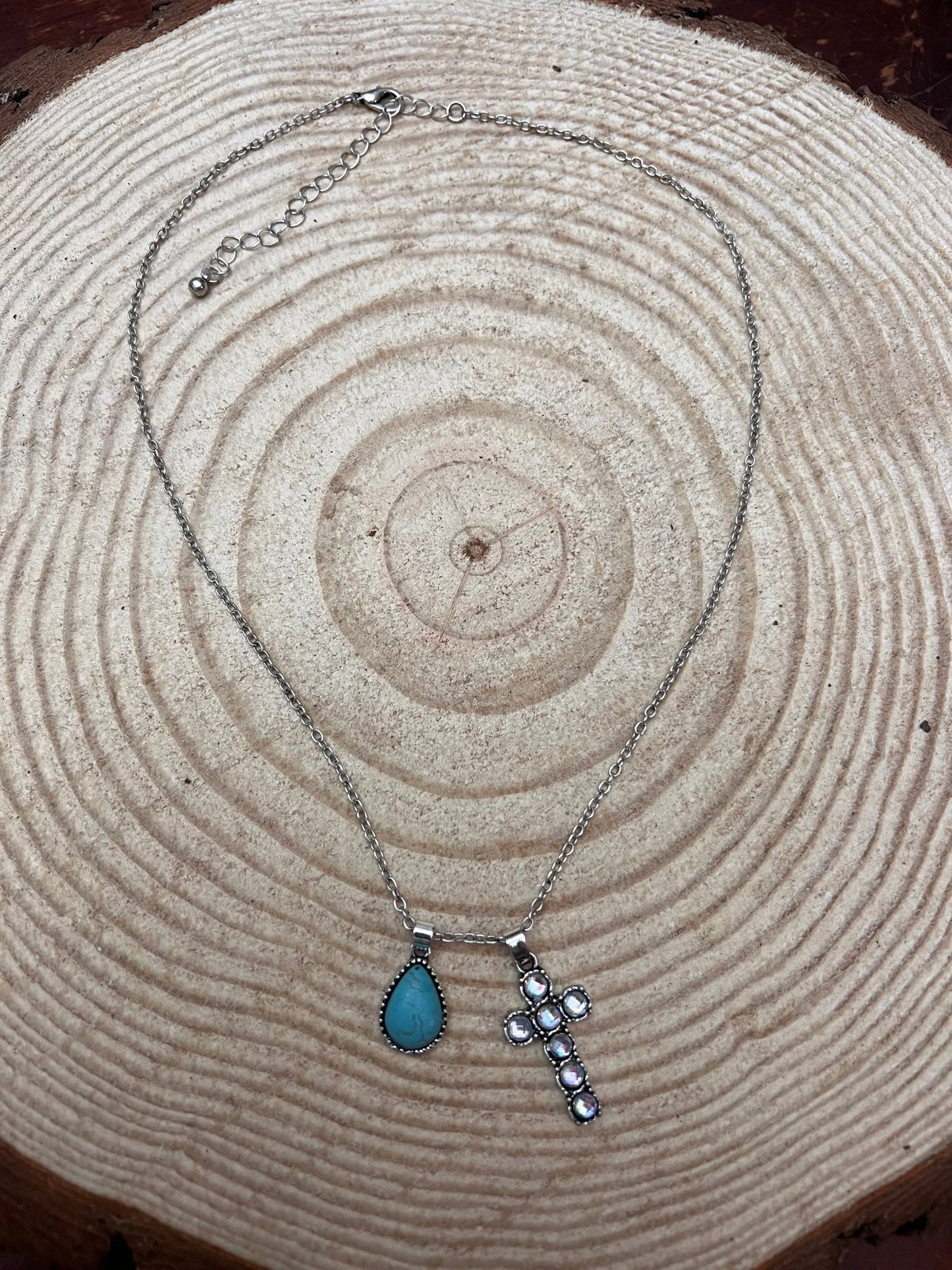 Western Rhinestone Cross & Faux Turquoise Dangle Necklace — 18 Inch with Extender