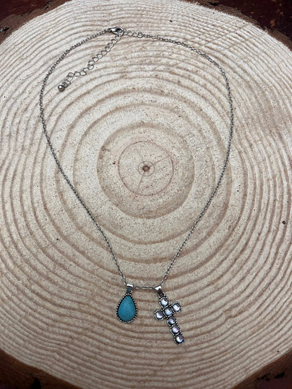 Western Rhinestone Cross & Faux Turquoise Dangle Necklace — 18 Inch with Extender