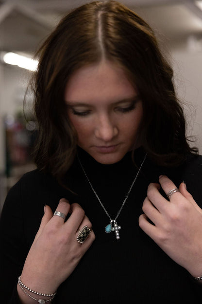 Western Rhinestone Cross & Faux Turquoise Dangle Necklace — 18 Inch with Extender