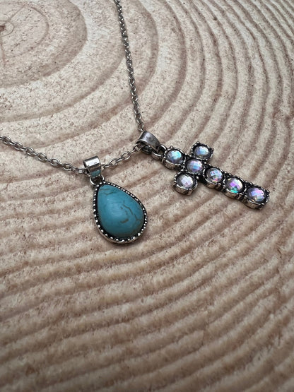 Western Rhinestone Cross & Faux Turquoise Dangle Necklace — 18 Inch with Extender