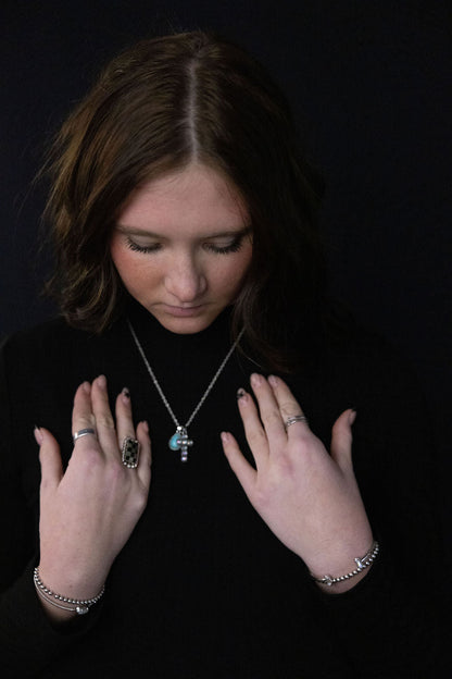 Western Rhinestone Cross & Faux Turquoise Dangle Necklace — 18 Inch with Extender