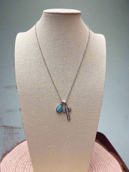 Western Rhinestone Cross & Faux Turquoise Dangle Necklace — 18 Inch with Extender