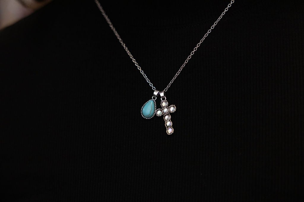 Western Rhinestone Cross & Faux Turquoise Dangle Necklace — 18 Inch with Extender