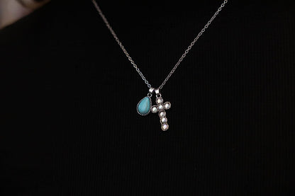 Western Rhinestone Cross & Faux Turquoise Dangle Necklace — 18 Inch with Extender