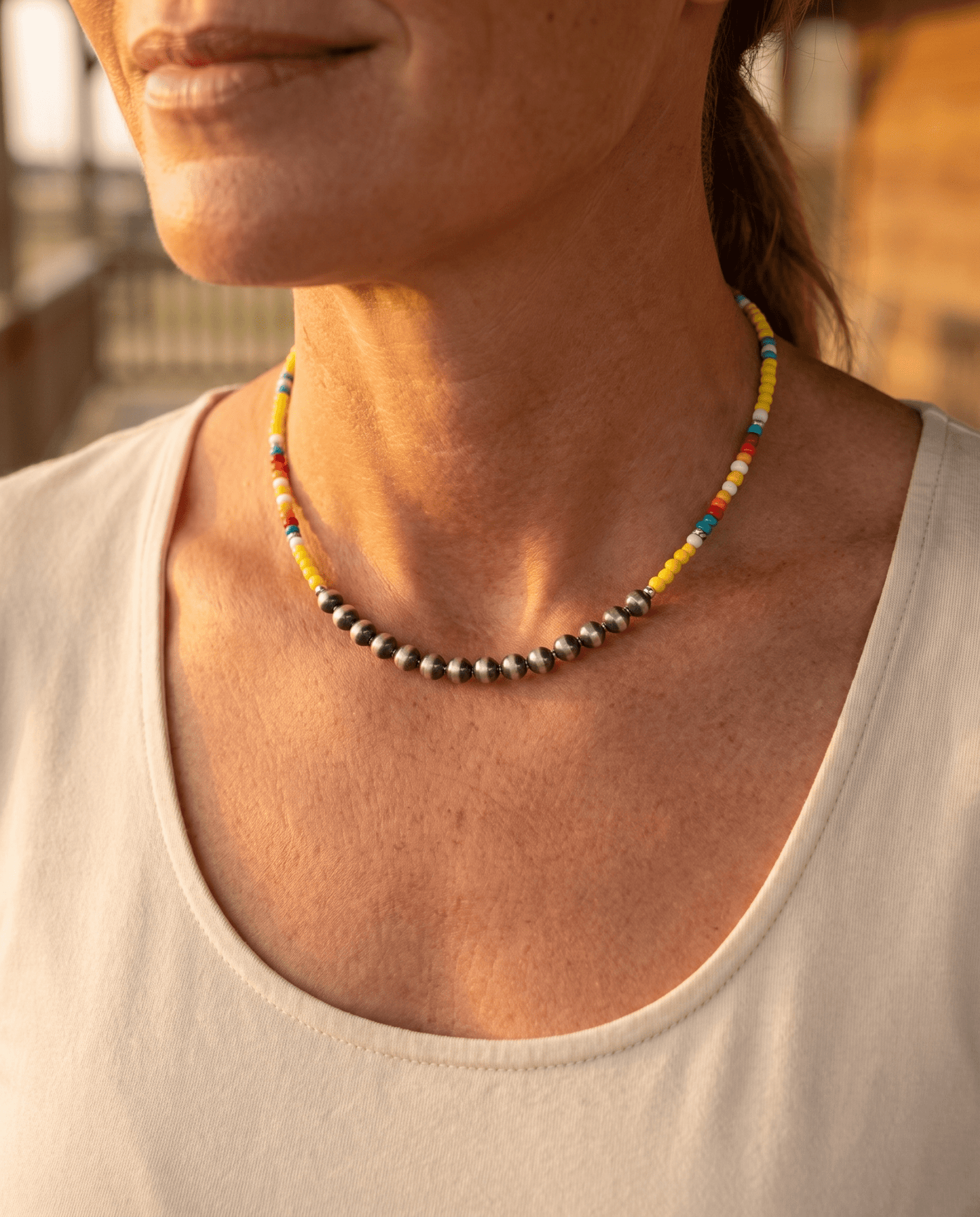Western Seed Bead Choker with Faux Navajo Pearls — 13 Inch with Extender