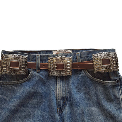 Western Silver Rectangular Concho Distressed Leather Belt — Brown or Black