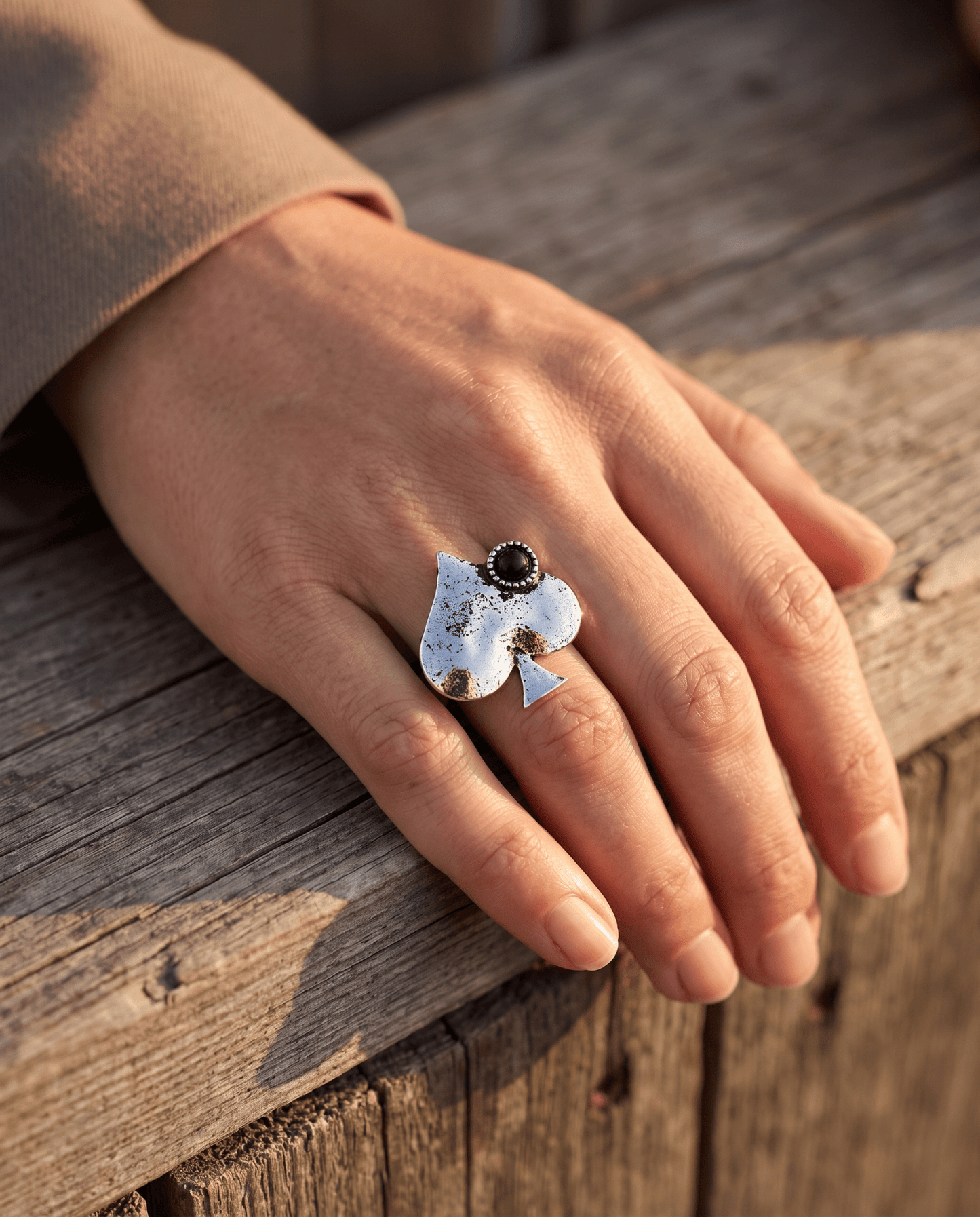 Western Spade Adjustable Cuff Ring with Faux Onyx — Playing Card Hand Statement