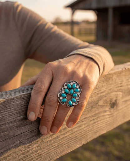 Western Squash Blossom Adjustable Ring — Faux Turquoise & Faux Opal Hand Statement