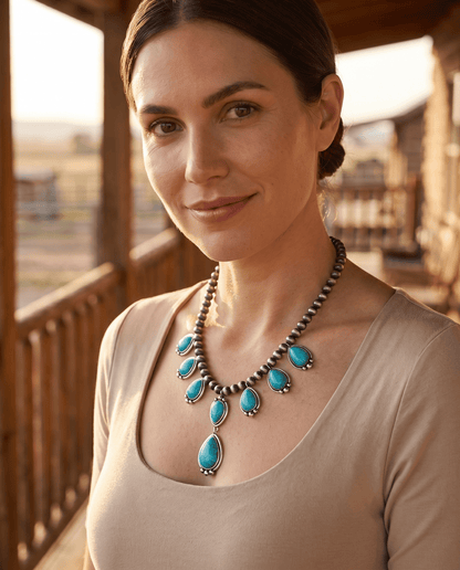 Western Teardrop Faux Turquoise & Sterling Pearl Necklace — 16 Inch Southwestern Pendant