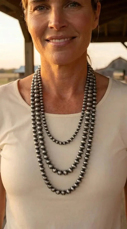 Western Triple-Strand Burnished Faux Sterling Pearl Necklace — Long Layered Set (24", 28", 35")