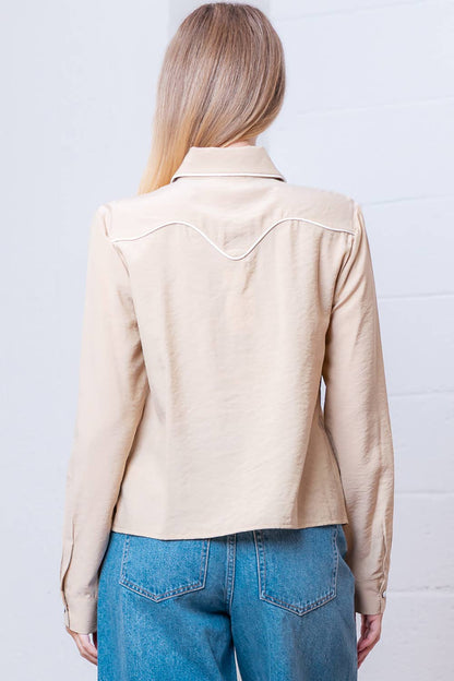 Taelynn "Western Vintage" Button-Down Blouse — Soft Taupe with Embroidered Vintage Accents & Arrow Detail