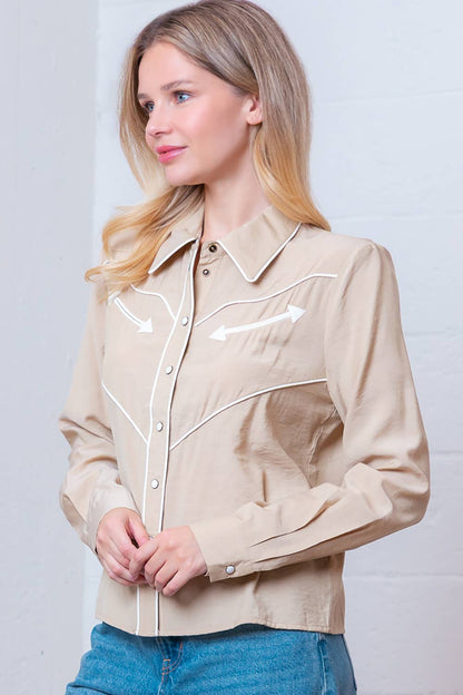 Taelynn "Western Vintage" Button-Down Blouse — Soft Taupe with Embroidered Vintage Accents & Arrow Detail