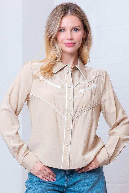 Taelynn "Western Vintage" Button-Down Blouse — Soft Taupe with Embroidered Vintage Accents & Arrow Detail
