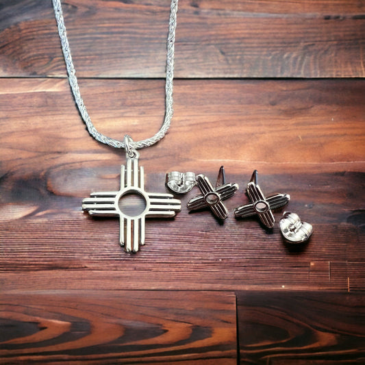 Western Zia Jewelry Set - Pendant, chain, and post earrings in sterling silver