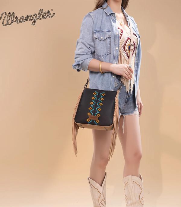 Wrangler Western Aztec Embroidered Crossbody Bag — Black with Fringe & Wrangler Logo