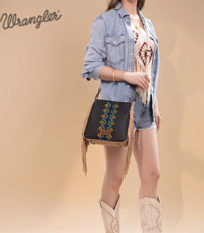 Wrangler Western Aztec Embroidered Crossbody Bag — Black with Fringe & Wrangler Logo