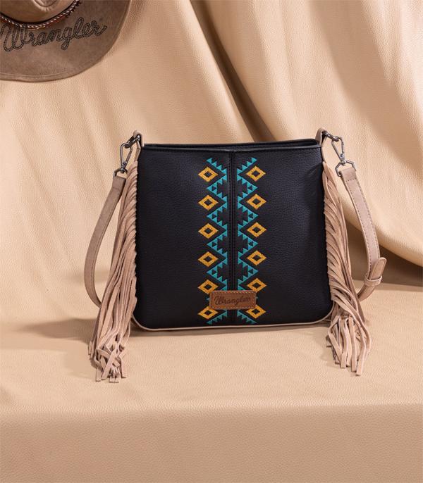 Wrangler Western Aztec Embroidered Crossbody Bag — Black with Fringe & Wrangler Logo