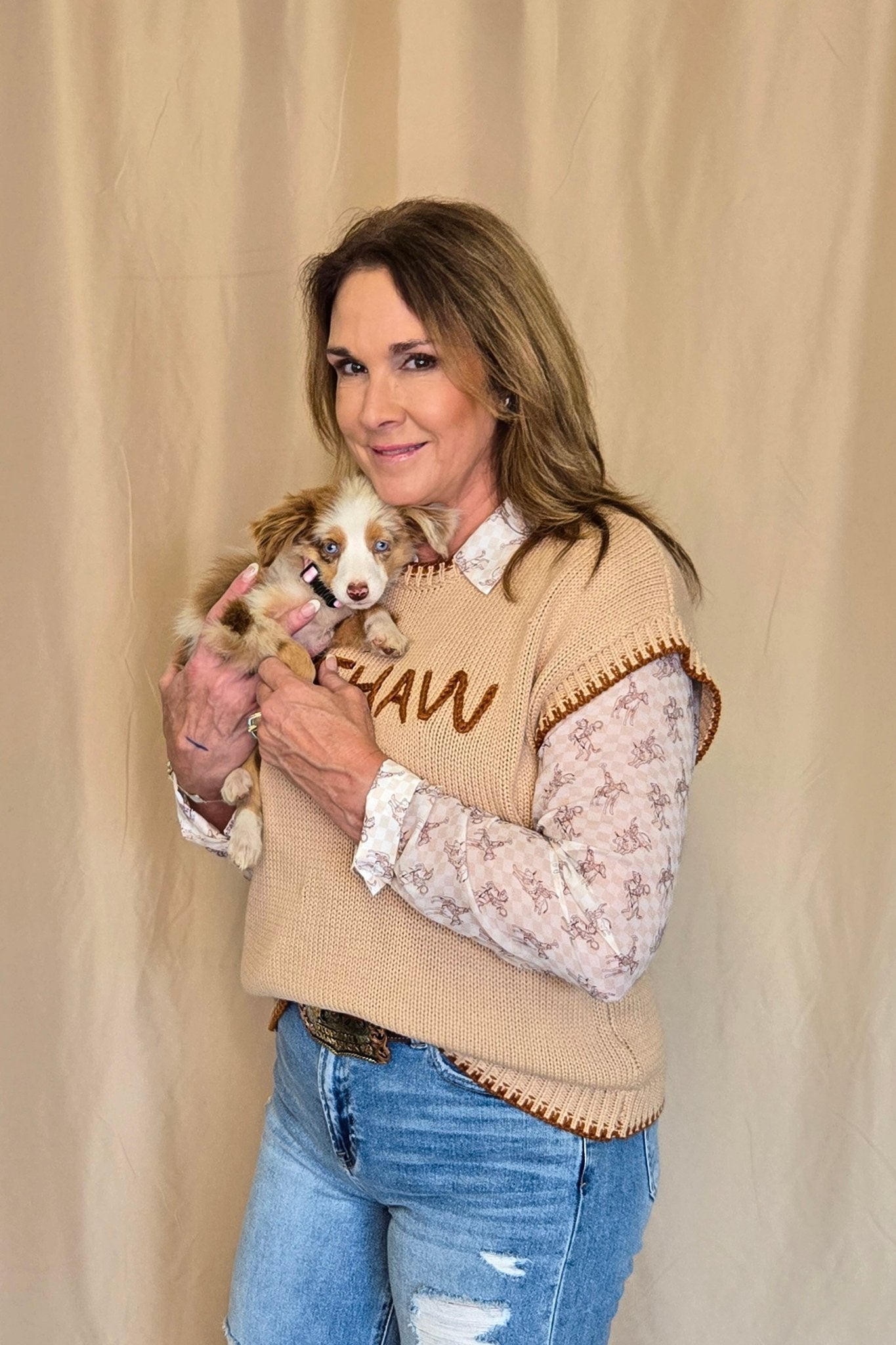 'YEEHAW' Contrast Stitched Sweater