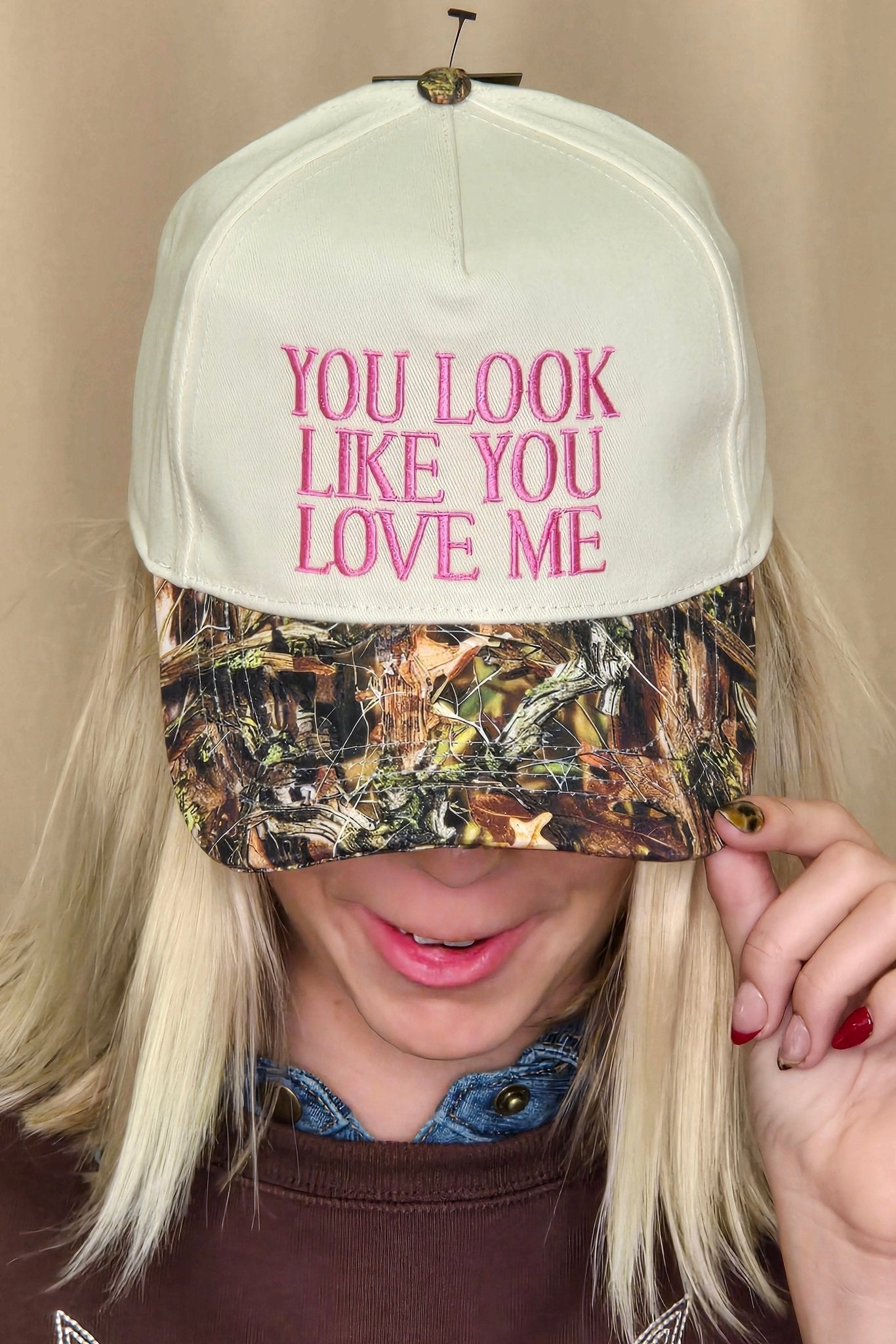 You Look Like You Love Me Embroidered Camo Trucker