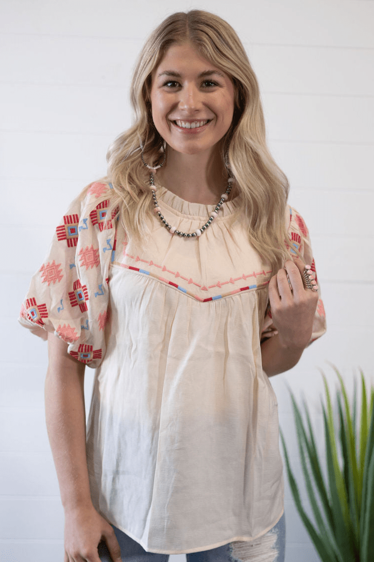 Umgee "Zia" Western Embroidered Blouse — Flowy Woven High Neck with Bubble Sleeves & Embroidered Yoke (small and medium remain)