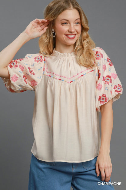 Umgee "Zia" Western Embroidered Blouse — Flowy Woven High Neck with Bubble Sleeves & Embroidered Yoke (small and medium remain)