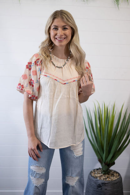 Umgee "Zia" Western Embroidered Blouse — Flowy Woven High Neck with Bubble Sleeves & Embroidered Yoke (small and medium remain)
