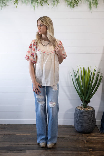 Umgee "Zia" Western Embroidered Blouse — Flowy Woven High Neck with Bubble Sleeves & Embroidered Yoke (small and medium remain)