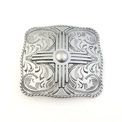 "Zia" Western Belt Buckle — Punchy Silver with Rope Edge, Etched Details & Southwestern Zia Overlay